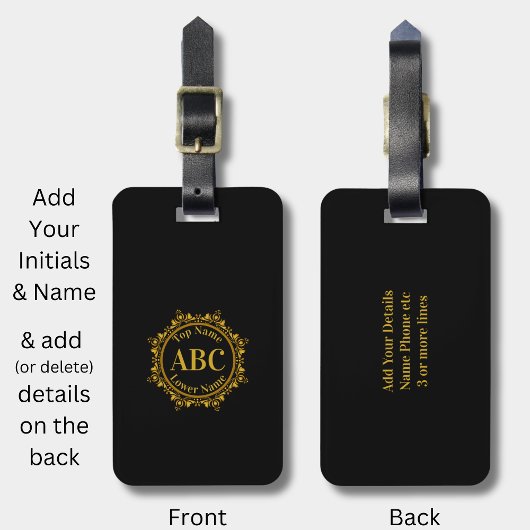3文字モノグラムと金ゴールド円枠の名前 ラゲッジタグ