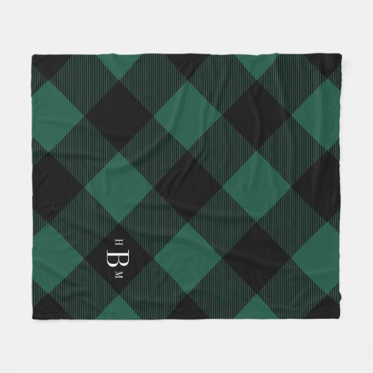 3文字モノグラムグリーンバッファローチェック フリースブランケット (正面(横))