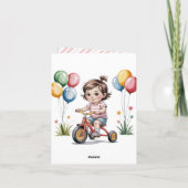 3日三輪車に乗った女の子の誕生日パーティーありがとう カード (裏面)