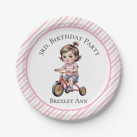 3日三輪車に乗った女の子の誕生日パーティー ペーパープレート (正面)
