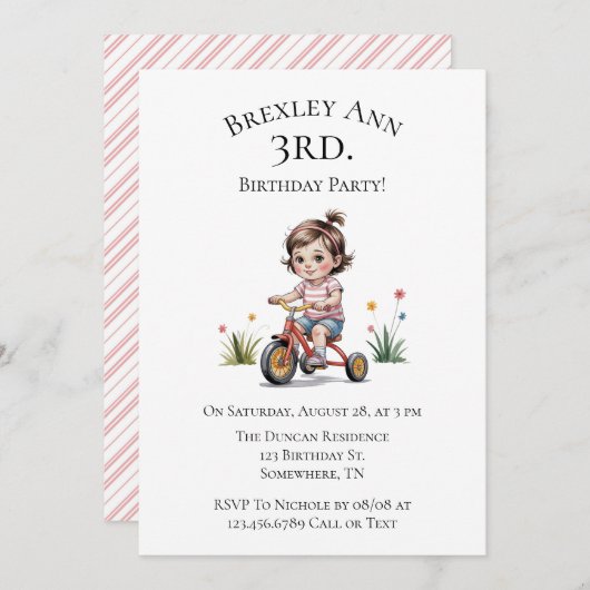 3日三輪車に乗った女の子の誕生日パーティー 招待状 (正面/裏面)