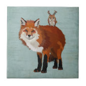 3月のキツネ及び花柄の枝角のフクロウのタイル タイル (正面)