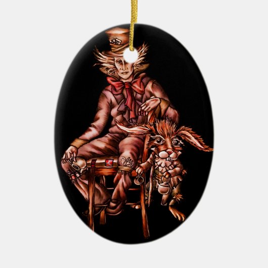 3月のノウサギのスケッチを持つ帽子屋 セラミックオーナメント (正面)