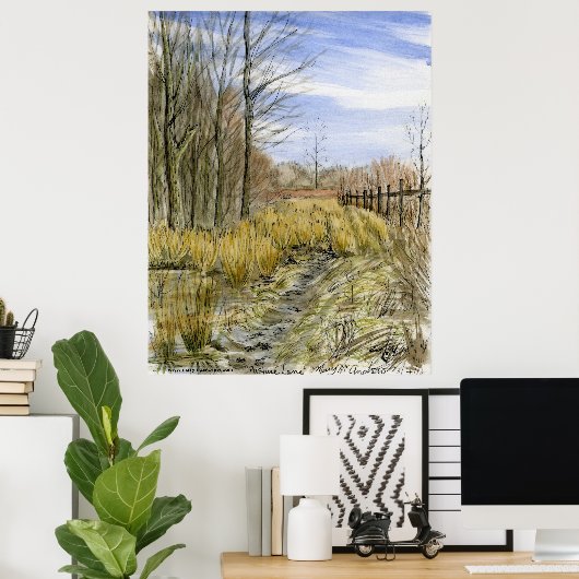 「3月上旬の牧草地」水彩風景 ポスター (ホームオフィス)