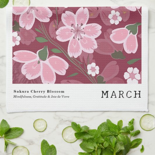 3月誕生フラワーマーケットピンク桜さくらんぼプリント キッチンタオル (折り畳み)