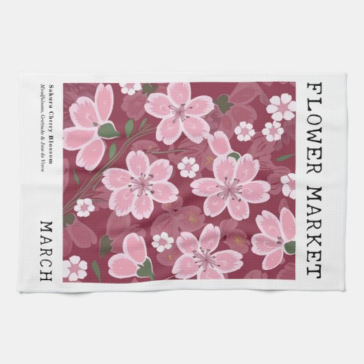3月誕生フラワーマーケットピンク桜さくらんぼプリント キッチンタオル (横)