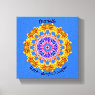 3月誕生花パーソナライズされた曼荼羅禅美術 キャンバスプリント