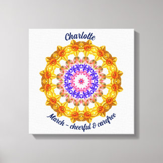 3月誕生花パーソナライズされた曼荼羅禅美術 キャンバスプリント