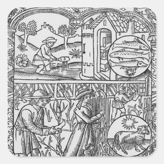 3月、魚釣りおよび切り取る木、魚類 スクエアシール (正面)