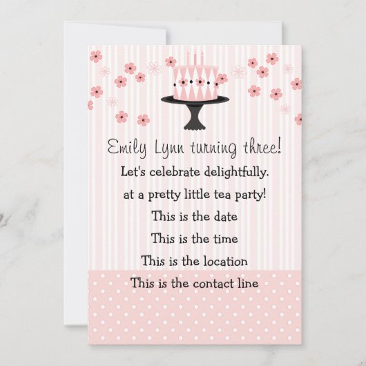 3本のキャンドルが付いたピンクのケーキ 招待状 (正面)