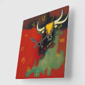 3本の角を持つ牛 スクエア壁時計 (傾斜)