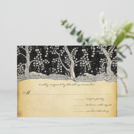 3本の金ゴールドツリーと黒いメタリックエレガンス 招待状 (スタンド正面)