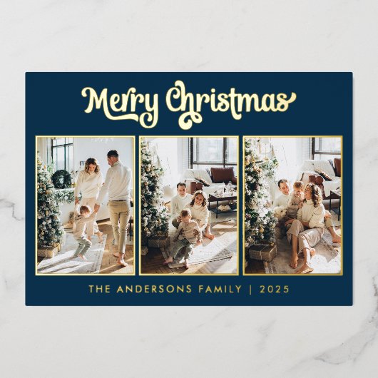 3枚のエレガントネイビーブルーメリークリスマス 箔シーズンカード (正面)