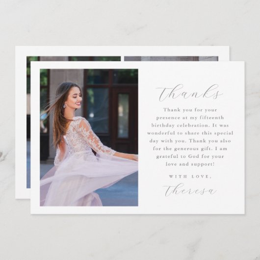 3枚のエレガント写真キンセアニェラありがとう 招待状 (正面/裏面)