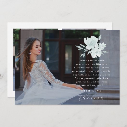 3枚のエレガント写真キンセアニェラフローラありがとう 招待状 (正面/裏面)