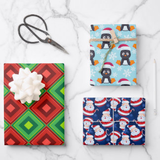 3枚のクリスマステーマ包装紙 ラッピングペーパーシート