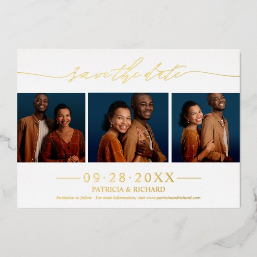 3枚のスタイリッシュ写真ウェディング日付を保存 箔招待状 (正面)