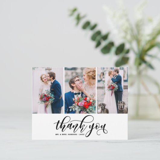 3枚のフォトコラージュありがとう結婚スクリプト ポストカード (スタンド正面)
