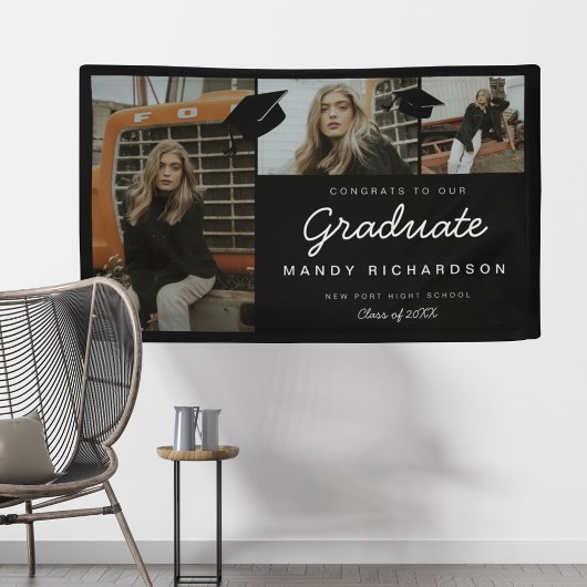 3枚のフォトコラージュおめでとうをブラックの大学院へ 横断幕