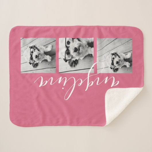 3枚のフォトコラージュで背景のピンクを編集可能 シェルパブランケット (正面(横))