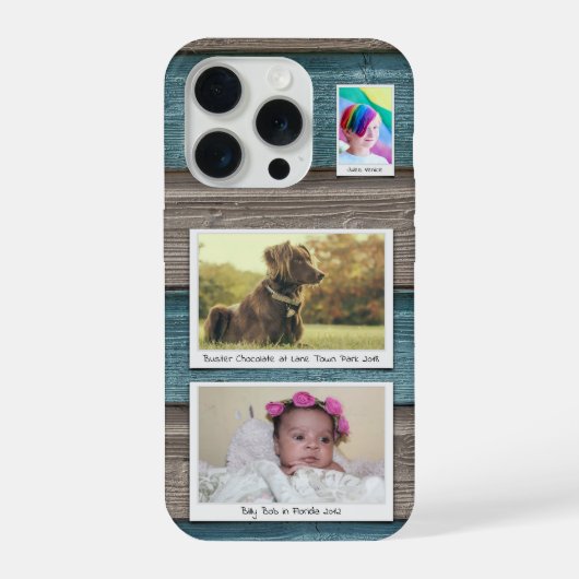 3枚のフォトコラージュを作成する青いグレー iPhoneケース (裏面)