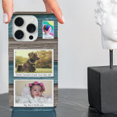 3枚のフォトコラージュを作成する青いグレー iPhoneケース