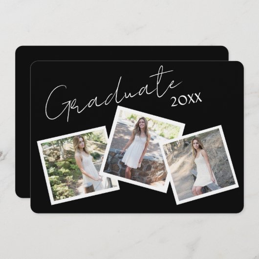 3枚のフォトスモダンクリプト卒業招待状 招待状 (正面/裏面)