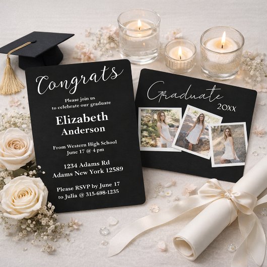 3枚のフォトスモダンクリプト卒業招待状 招待状