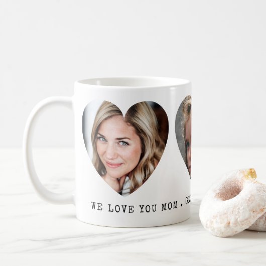 3枚のフォトハートと個人用メッセージ コーヒーマグカップ (ドーナツ)