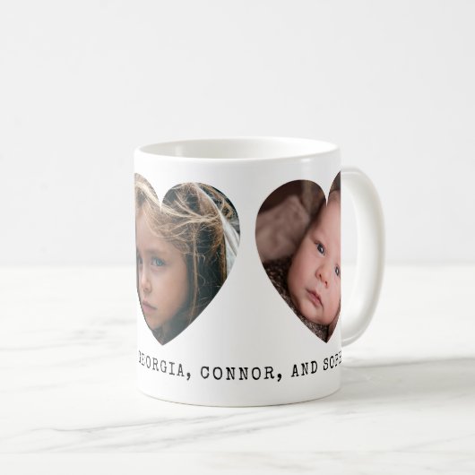 3枚のフォトハートと個人用メッセージ コーヒーマグカップ (正面右)