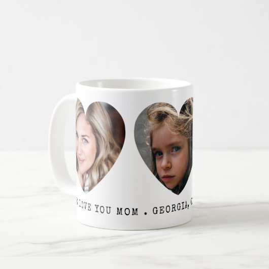 3枚のフォトハートと個人用メッセージ コーヒーマグカップ (正面左)