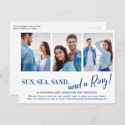 3枚のフォトビーチ婚約発表葉書 案内ポストカード (正面/裏面)