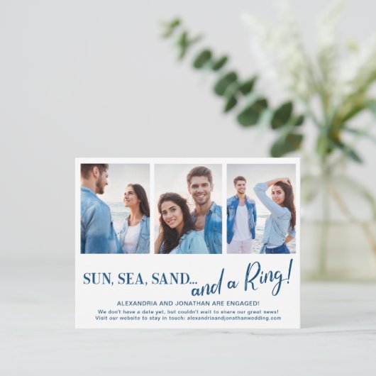 3枚のフォトビーチ婚約発表葉書 案内ポストカード (スタンド正面)
