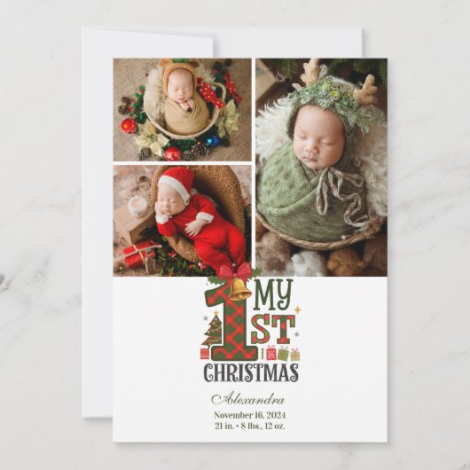 3枚のフォトプレイド初めてのクリスマス シーズンカード (正面)