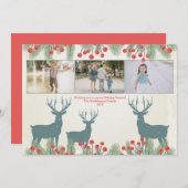 3枚のフォトホリーベリーと鹿クリスマスカード シーズンカード (正面/裏面)
