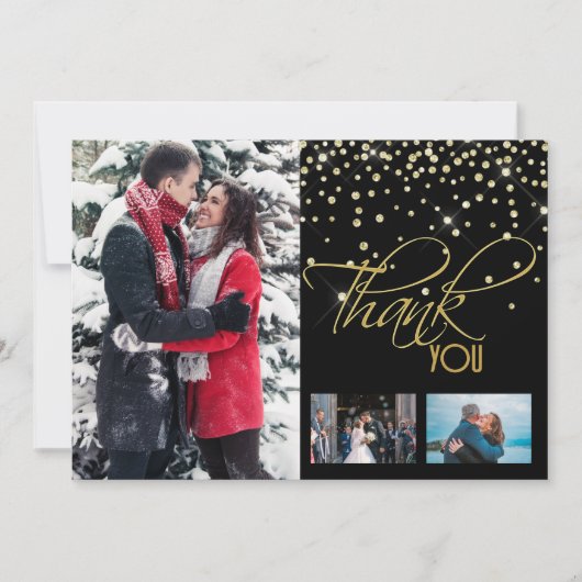 3枚のフォト金ゴールドブラックグリッター サンキューカード (正面)