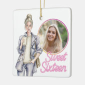 3枚のフォトSweet sixteenトレンディーガールクリスマス セラミックオーナメント (左)