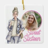 3枚のフォトSweet sixteenトレンディーガールクリスマス セラミックオーナメント (正面)