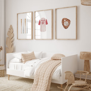 3枚のポスターの赤い野球名前をカスタムするセット