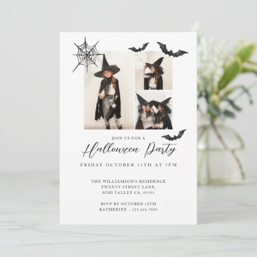 3枚のミニマルフォト不気味こうもりハローウィンパーティ 招待状 (スタンド正面)