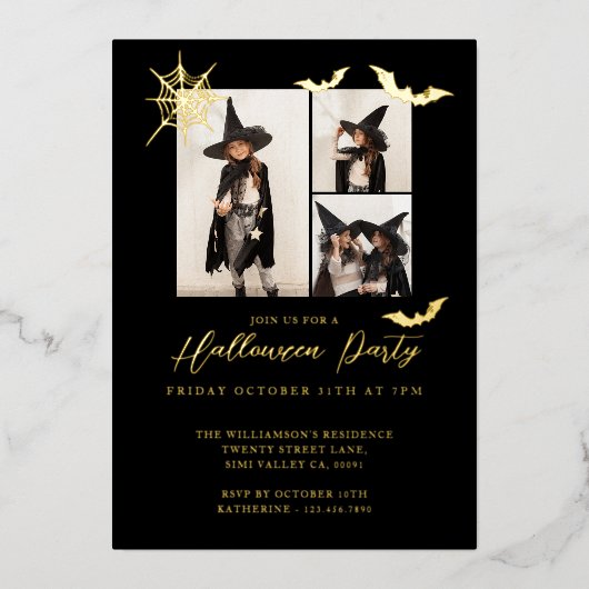 3枚のミニマルフォト不気味こうもりハローウィンパーティ 箔招待状 (正面)