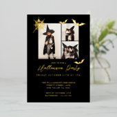 3枚のミニマルフォト不気味こうもりハローウィンパーティ 箔招待状 (立ち正面)