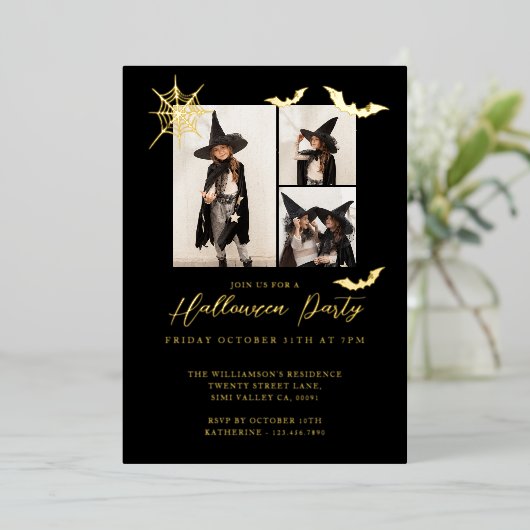 3枚のミニマルフォト不気味こうもりハローウィンパーティ 箔招待状 (立ち正面)