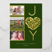 3枚のモダンフォトグリー喜び喜びクリスマスハート 箔シーズンカード (正面)