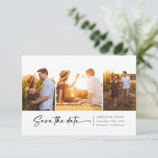 3枚のモダンフォトスクリプトフォント日付の保存 セーブザデート (スタンド正面)