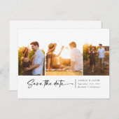 3枚のモダンフォトスクリプトフォント日付の保存 案内ポストカード (正面/裏面)