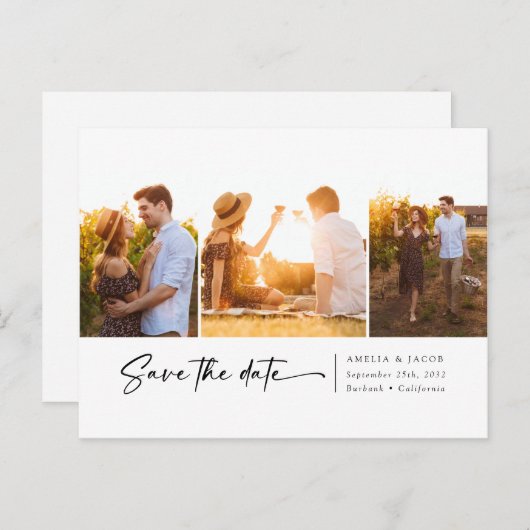 3枚のモダンフォトスクリプトフォント日付の保存 案内ポストカード (正面/裏面)