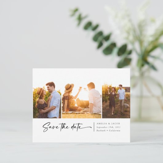 3枚のモダンフォトスクリプトフォント日付の保存 案内ポストカード (スタンド正面)