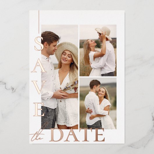3枚のモダン写真ウェディング日付を保存 箔シーズンカード (正面)