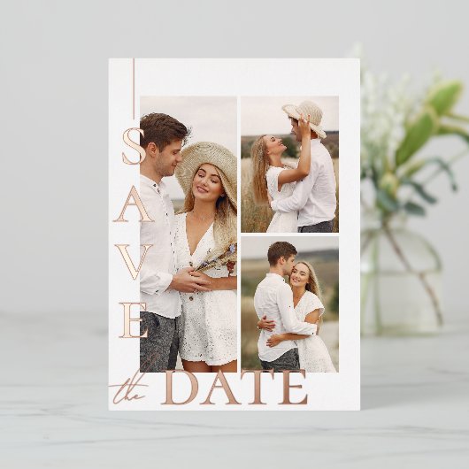 3枚のモダン写真ウェディング日付を保存 箔シーズンカード (立ち正面)
